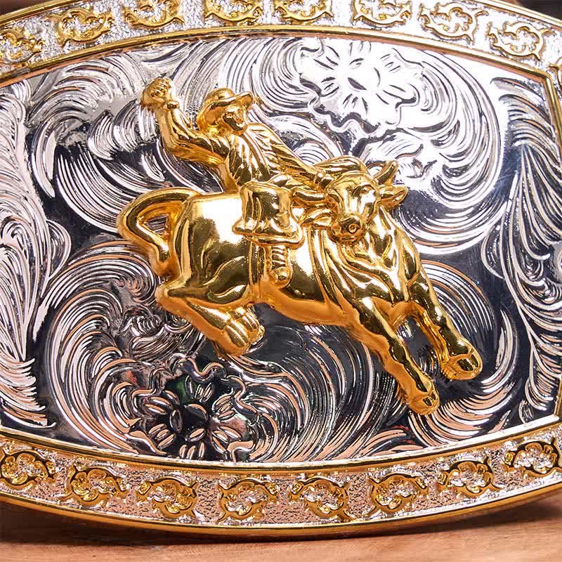Cinturón de cuero con hebilla grande para montar a caballo, dorado y plateado, hecho a mano - image 4