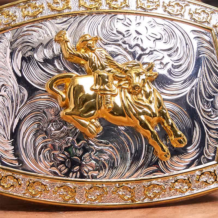 Cinturón de cuero con hebilla grande para montar a caballo, dorado y plateado, hecho a mano - image 4
