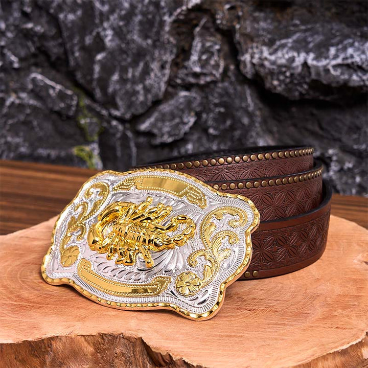 Cinturón de cuero con hebilla DIY de escorpión floral dorado y plateado