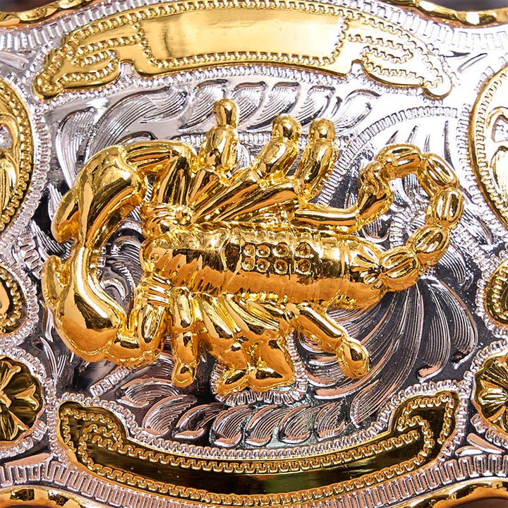 Cinturón de cuero con hebilla DIY de escorpión floral dorado y plateado