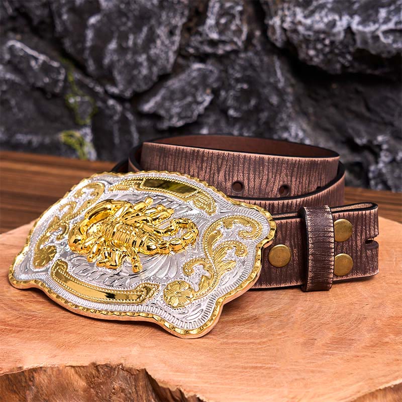 Cinturón de cuero con hebilla DIY de escorpión floral dorado y plateado