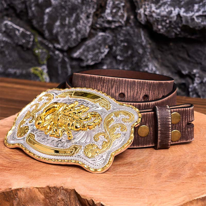 Cinturón de cuero con hebilla DIY de escorpión floral dorado y plateado