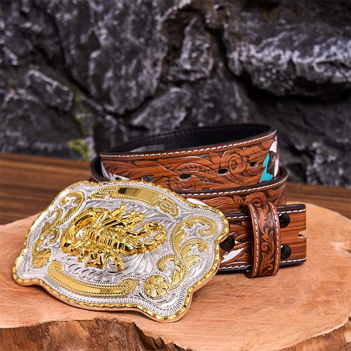 Cinturón de cuero con hebilla DIY de escorpión floral dorado y plateado