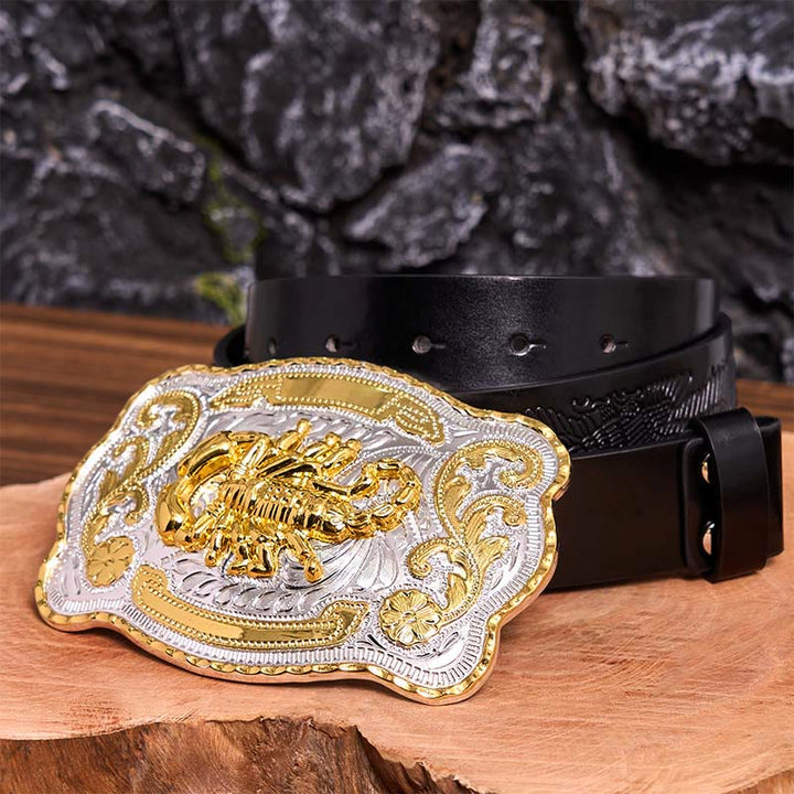 Cinturón de cuero con hebilla DIY de escorpión floral dorado y plateado