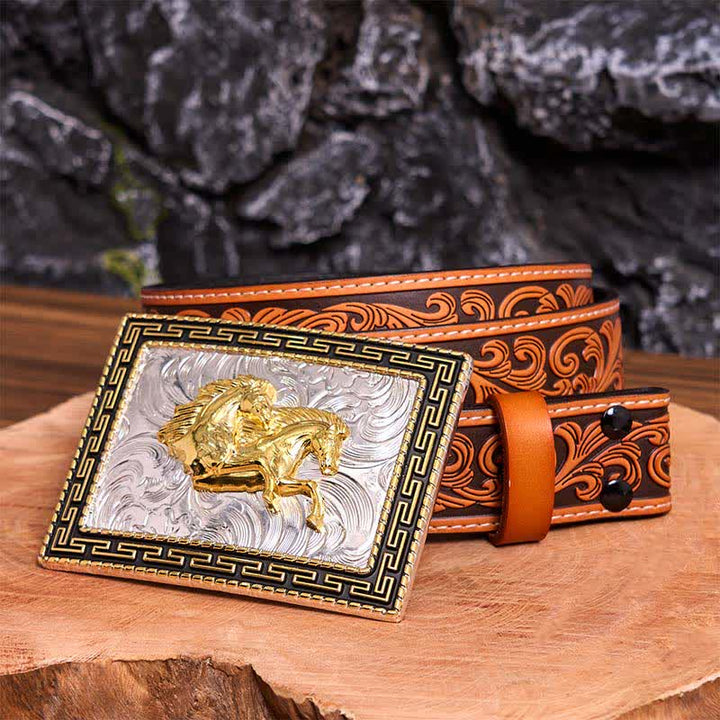 Cinturón de cuero con hebilla grande, hecho a mano, con diseño rectangular de caballos dobles, dorado y negro - Caballos dobles - Cinturón floral en relieve naranja - 42 - image 10