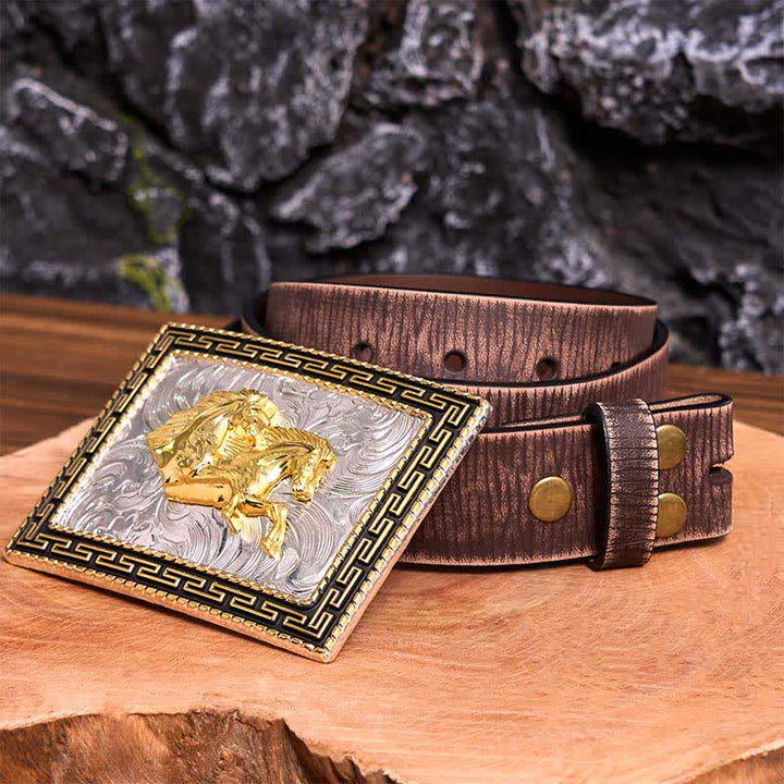 Cinturón de cuero con hebilla grande, hecho a mano, con diseño rectangular de caballos dobles, dorado y negro - Caballos dobles - Cinturón marrón desgastado - 42 - image 9