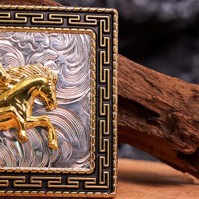 Cinturón de cuero con hebilla grande, hecho a mano, con diseño rectangular de caballos dobles, dorado y negro - image 5