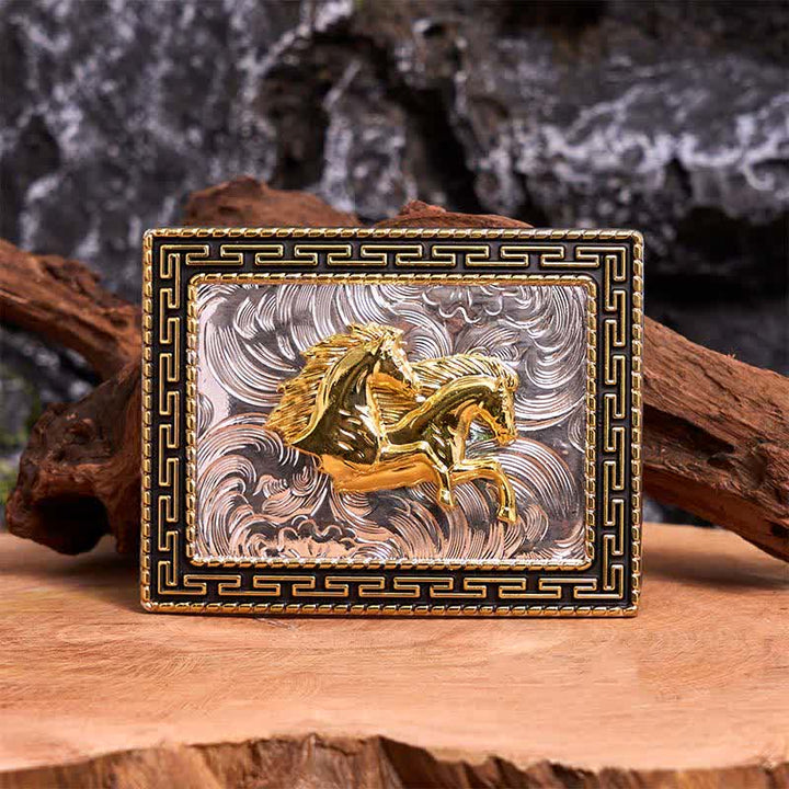 Cinturón de cuero con hebilla grande, hecho a mano, con diseño rectangular de caballos dobles, dorado y negro - Caballos dobles - Sin cinturón - Cinturón no incluido - image 1