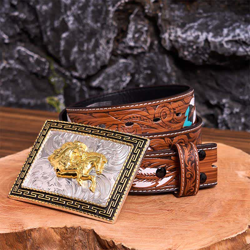Cinturón de cuero con hebilla grande, hecho a mano, con diseño rectangular de caballos dobles, dorado y negro - Caballos dobles - Cinturón de plumas marrones - 40 - image 11