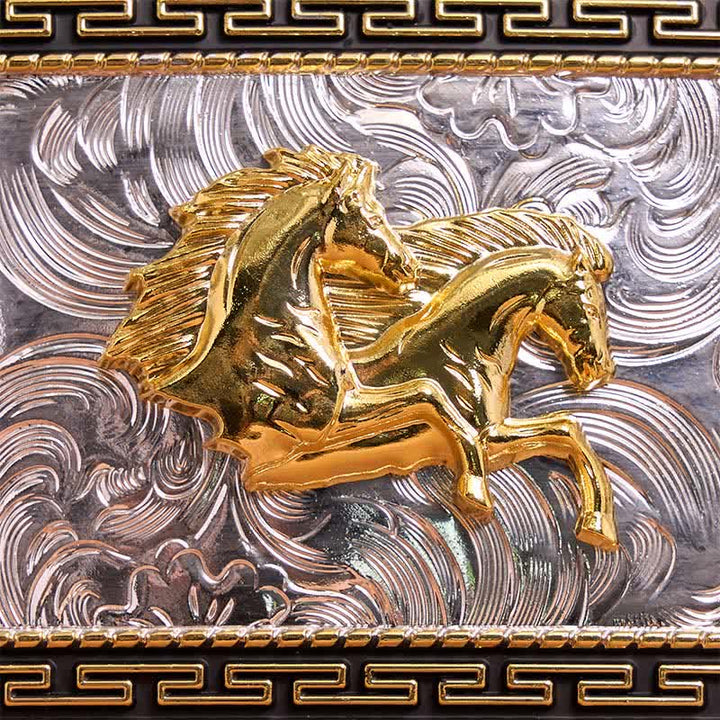 Cinturón de cuero con hebilla grande, hecho a mano, con diseño rectangular de caballos dobles, dorado y negro - image 4