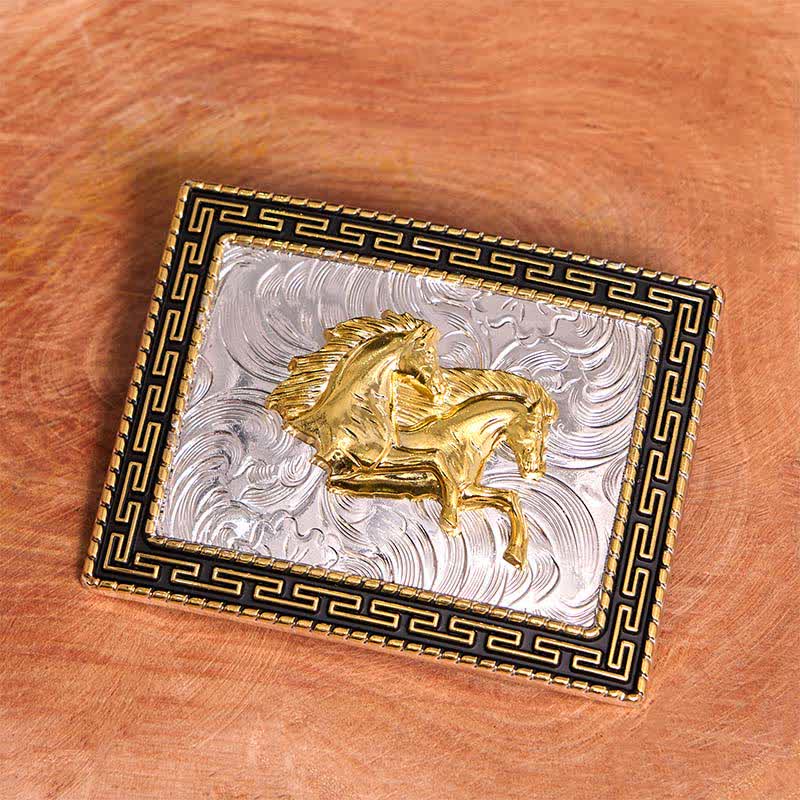 Cinturón de cuero con hebilla grande, hecho a mano, con diseño rectangular de caballos dobles, dorado y negro - image 2
