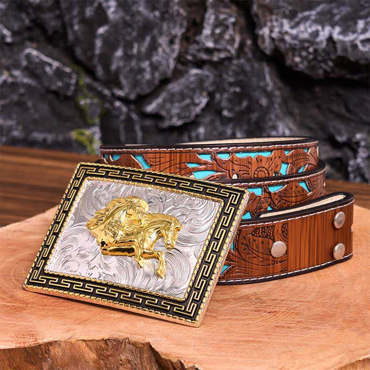Cinturón de cuero con hebilla grande, hecho a mano, con diseño rectangular de caballos dobles, dorado y negro - Caballos dobles - Cinturón tallado en turquesa - 42 - image 7