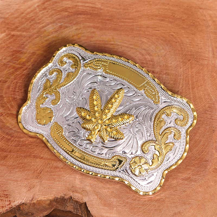 Cinturón de cuero con hebilla DIY de arce floral dorado y plateado