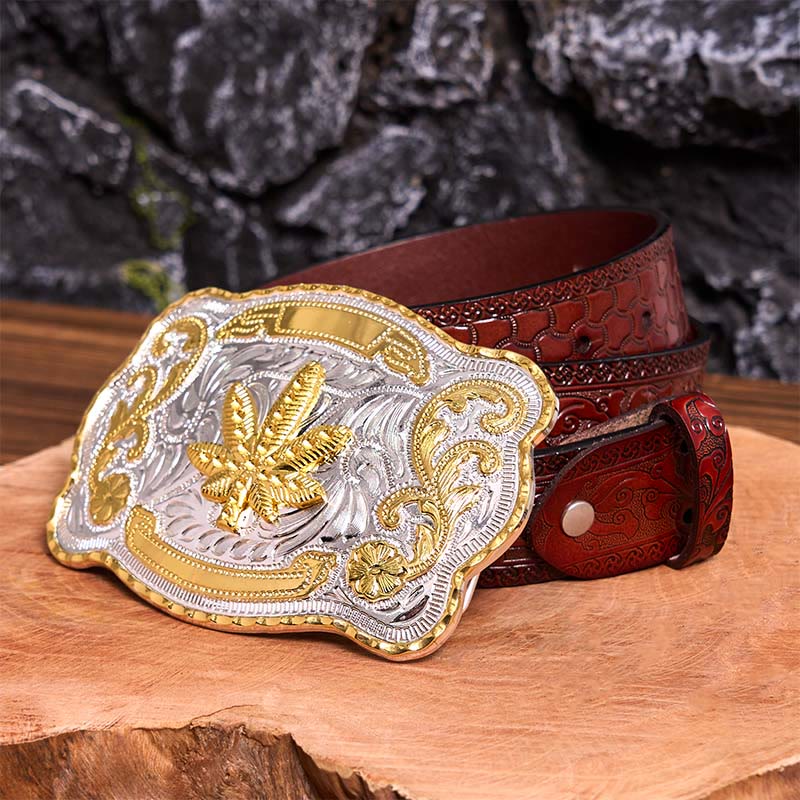 Cinturón de cuero con hebilla DIY de arce floral dorado y plateado