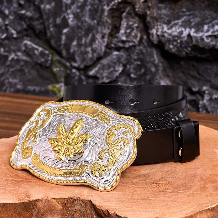 Cinturón de cuero con hebilla DIY de arce floral dorado y plateado