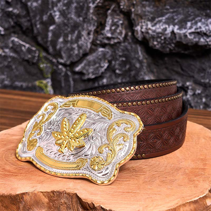 Cinturón de cuero con hebilla DIY de arce floral dorado y plateado