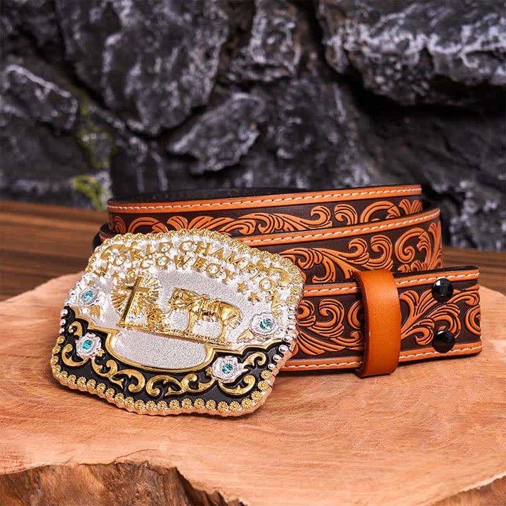 Cinturón de cuero con hebilla grande de vaquero campeón del mundo, hecho a mano, con cruz de oración - Oración - Cinturón floral en relieve naranja - 42 - image 10