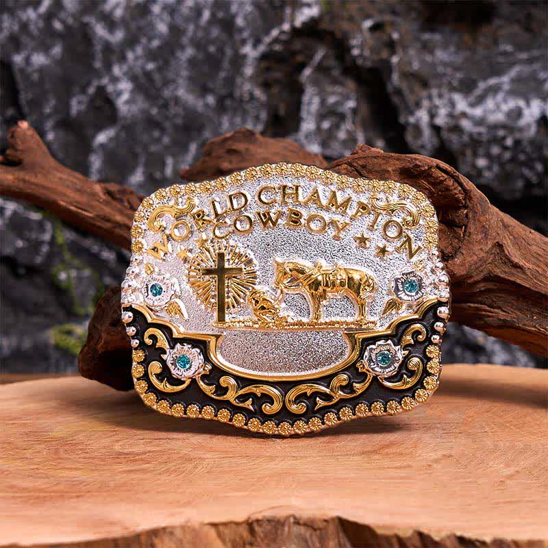 Cinturón de cuero con hebilla grande de vaquero campeón del mundo, hecho a mano, con cruz de oración - Oración - Sin cinturón - Cinturón no incluido - image 1