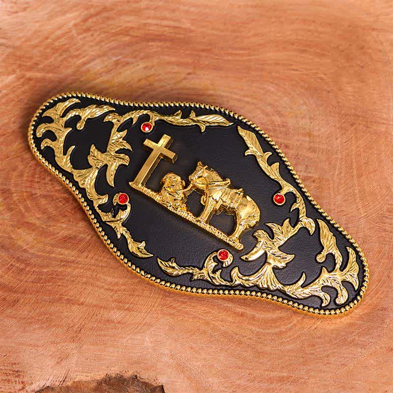 Cinturón de cuero con hebilla grande en forma de cruz de oración, color negro y dorado, hecho a mano - image 2