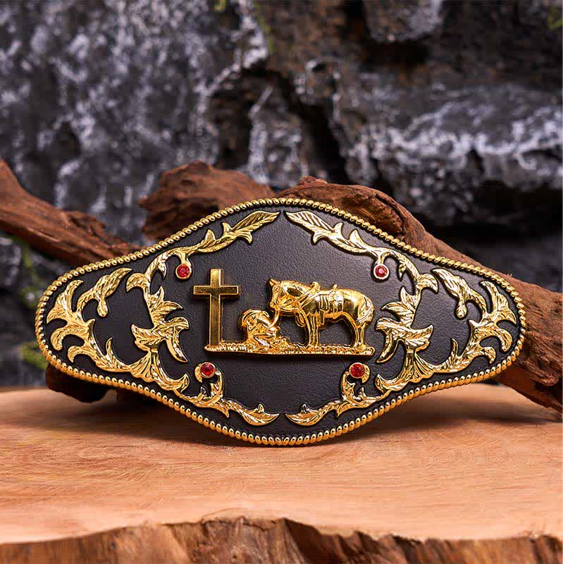 Cinturón de cuero con hebilla grande en forma de cruz de oración, color negro y dorado, hecho a mano - Oración - Sin cinturón - Cinturón no incluido - image 1