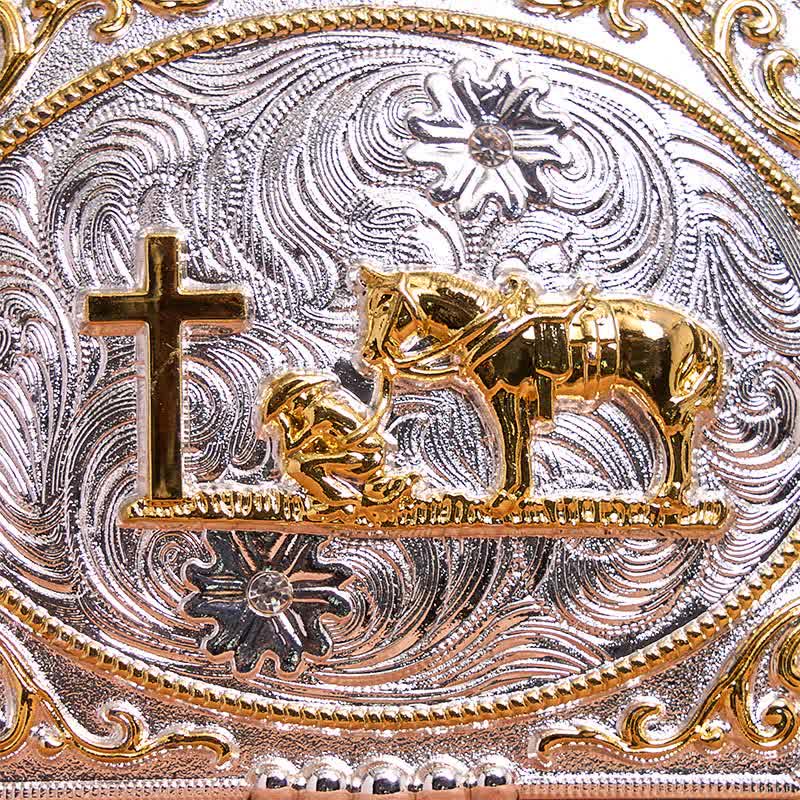 Cinturón de cuero con hebilla grande de caballo y cruz de oración de vaquero, hecho a mano en plata y oro - image 2