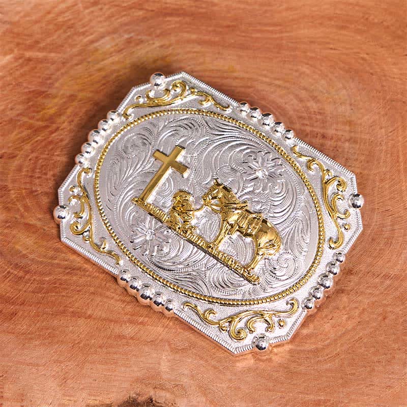 Cinturón de cuero con hebilla grande de caballo y cruz de oración de vaquero, hecho a mano en plata y oro - image 4