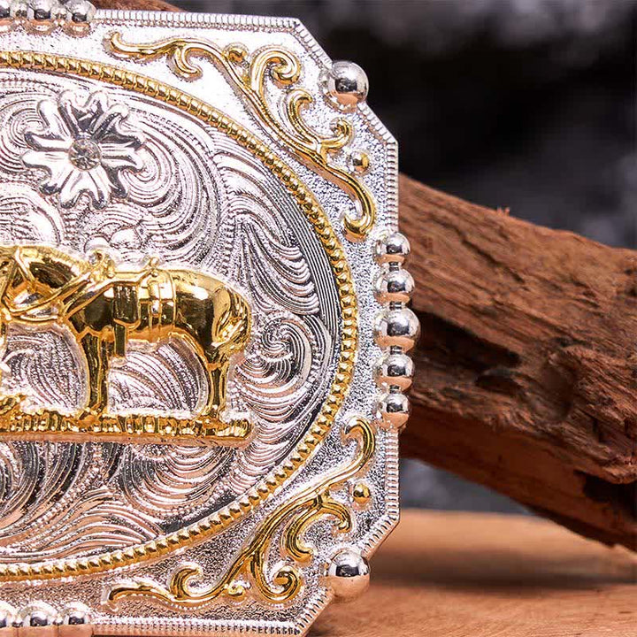 Cinturón de cuero con hebilla grande de caballo y cruz de oración de vaquero, hecho a mano en plata y oro - image 3