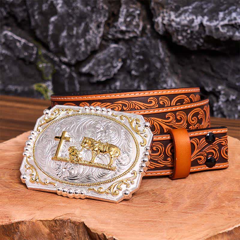 Cinturón de cuero con hebilla grande de caballo y cruz de oración de vaquero, hecho a mano en plata y oro - Oración - Cinturón floral en relieve naranja - 42 - image 10