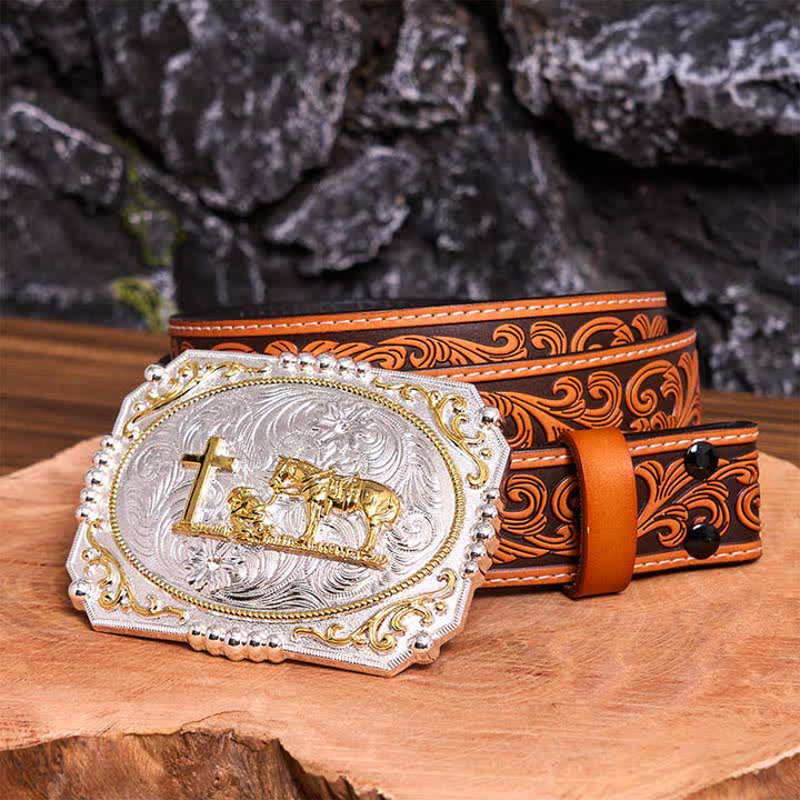 Cinturón de cuero con hebilla grande de caballo y cruz de oración de vaquero, hecho a mano en plata y oro - Oración - Cinturón floral en relieve naranja - 42 - image 10
