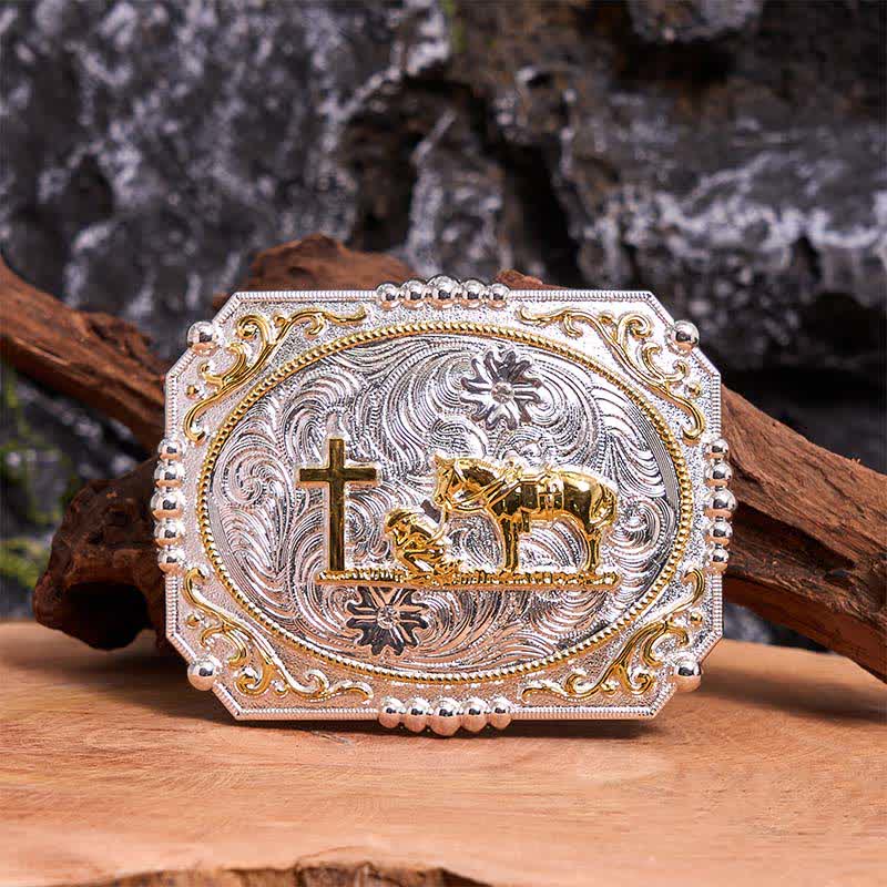 Cinturón de cuero con hebilla grande de caballo y cruz de oración de vaquero, hecho a mano en plata y oro - Oración - Sin cinturón - Cinturón no incluido - image 1