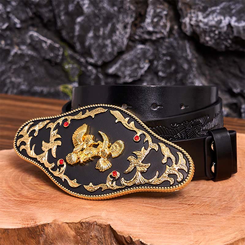 Cinturón de cuero con hebilla DIY de águilas negras y doradas