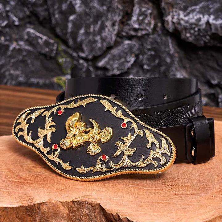 Cinturón de cuero con hebilla DIY de águilas negras y doradas