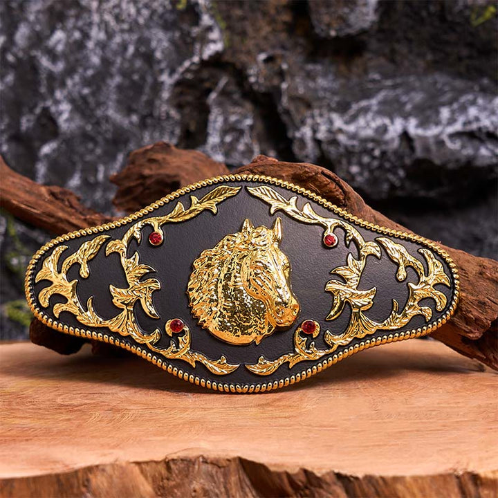 Cinturón de cuero con hebilla DIY de cabeza de caballo negra y dorada