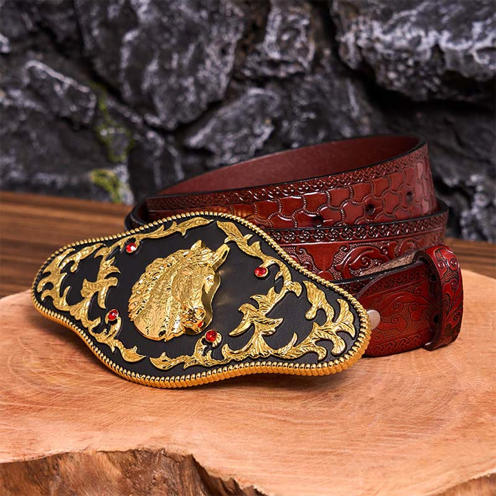 Cinturón de cuero con hebilla DIY de cabeza de caballo negra y dorada