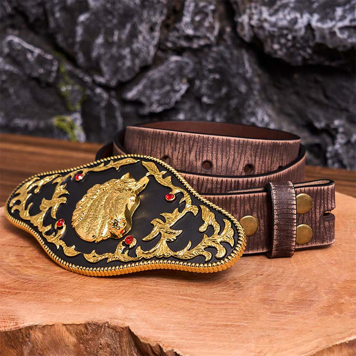 Cinturón de cuero con hebilla DIY de cabeza de caballo negra y dorada