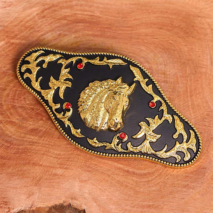 Cinturón de cuero con hebilla DIY de cabeza de caballo negra y dorada