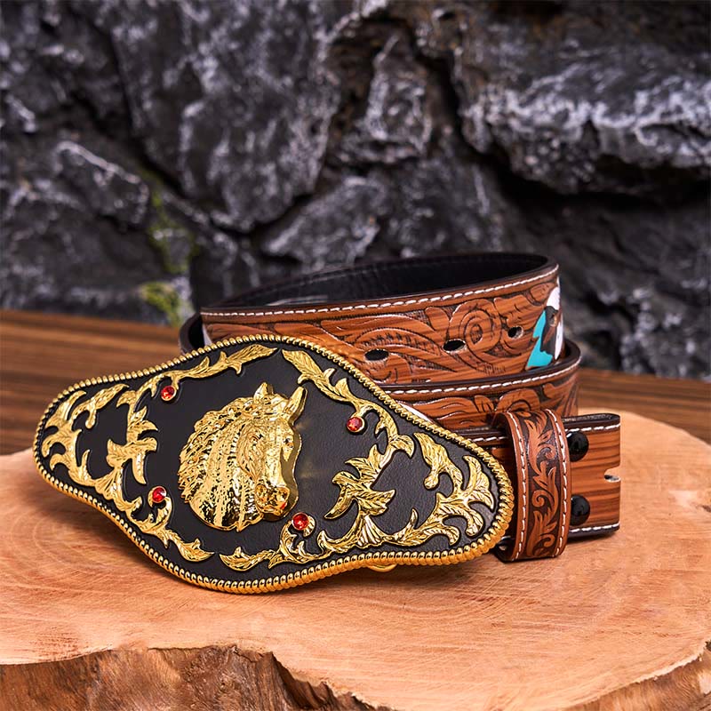 Cinturón de cuero con hebilla DIY de cabeza de caballo negra y dorada