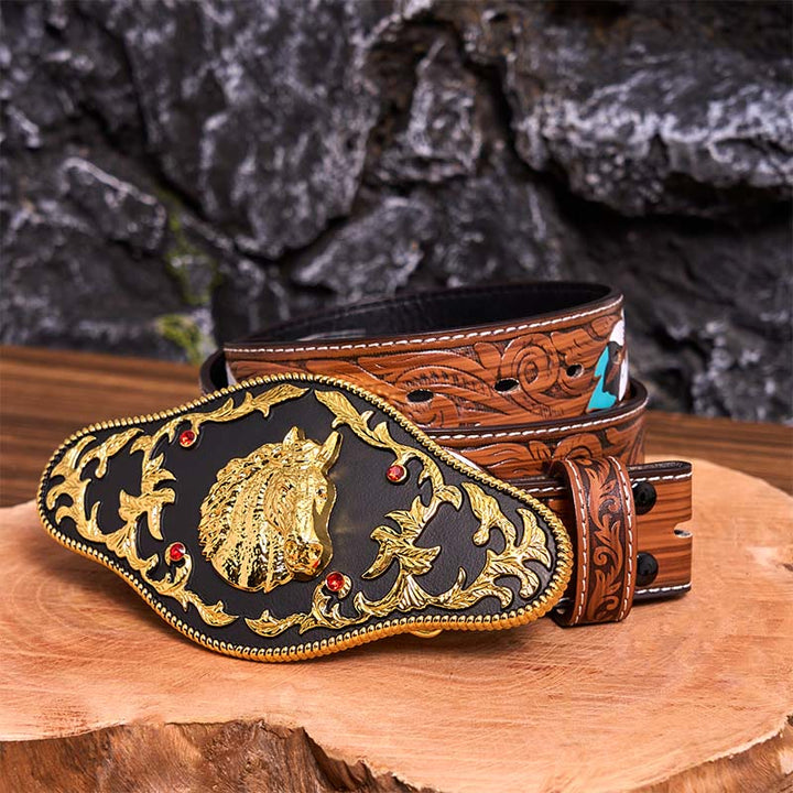 Cinturón de cuero con hebilla DIY de cabeza de caballo negra y dorada