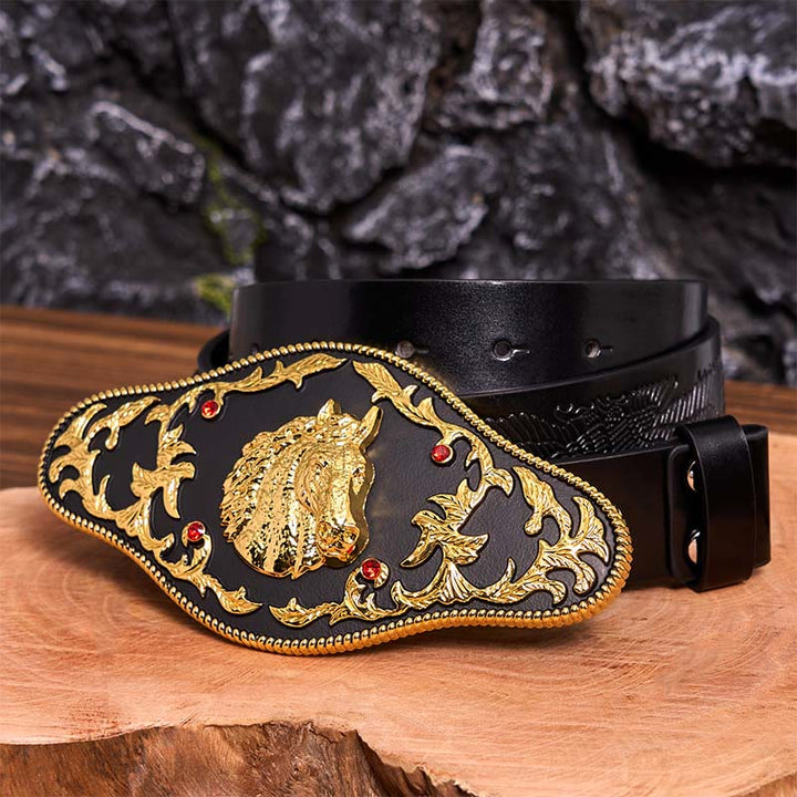 Cinturón de cuero con hebilla DIY de cabeza de caballo negra y dorada