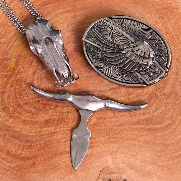 Conjunto de colgante de toro de cuernos largos con hebilla de cinturón y cuchillo oculto de alas de ángel - image 2