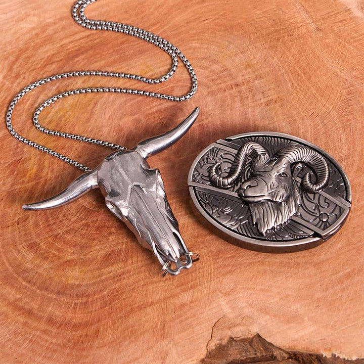 Conjunto de collar y colgante de cruz con cuchillo oculto de cabra, hebilla de cinturón y cuernos largos