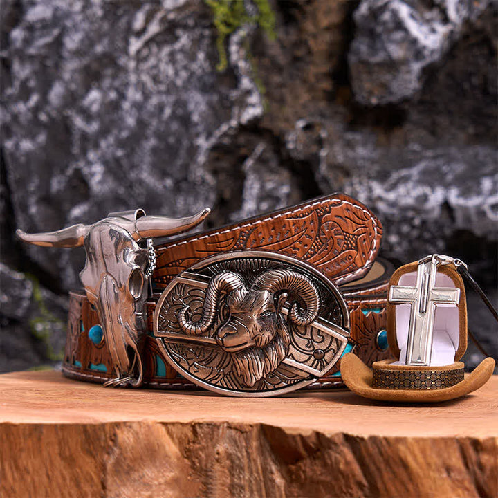 Conjunto de collar y colgante de cruz con cuchillo oculto de cabra, hebilla de cinturón y cuernos largos - Cabra - Cinturón tallado en turquesa - 42 - image 4