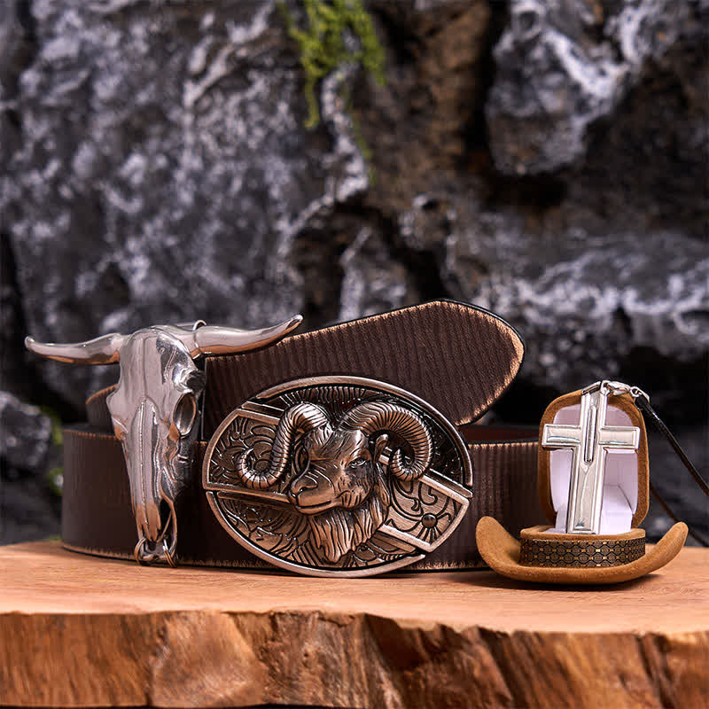 Conjunto de collar y colgante de cruz con cuchillo oculto de cabra, hebilla de cinturón y cuernos largos - Cabra - Cinturón marrón desgastado - 42 - image 6