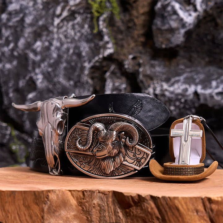 Conjunto de collar y colgante de cruz con cuchillo oculto de cabra, hebilla de cinturón y cuernos largos - Cabra - Cinturón de águila negra en relieve - 42 - image 0