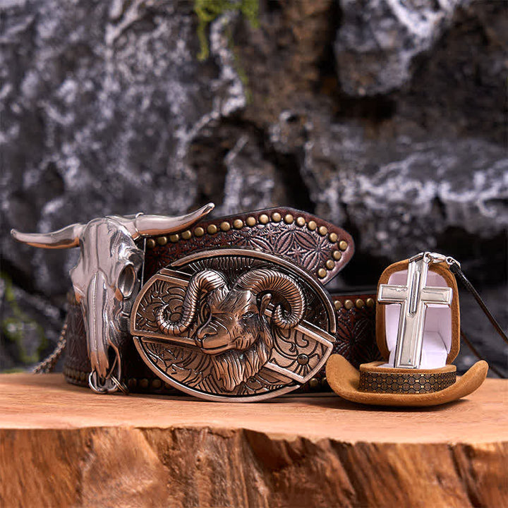 Conjunto de collar y colgante de cruz con cuchillo oculto de cabra, hebilla de cinturón y cuernos largos