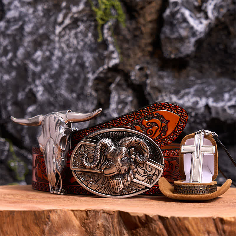 Conjunto de collar y colgante de cruz con cuchillo oculto de cabra, hebilla de cinturón y cuernos largos - Cabra - Cinturón tallado en naranja - 42 - image 7