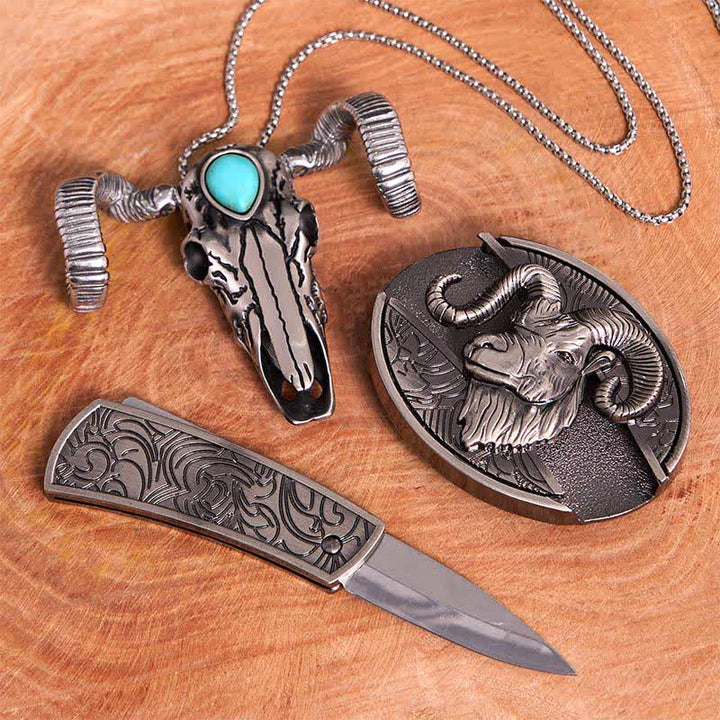 Conjunto de colgante de oveja con calavera turquesa y hebilla de cinturón con cuchillo oculto de cabra DIY