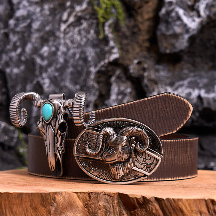 Conjunto de colgante de oveja con calavera turquesa y hebilla de cinturón con cuchillo oculto de cabra DIY