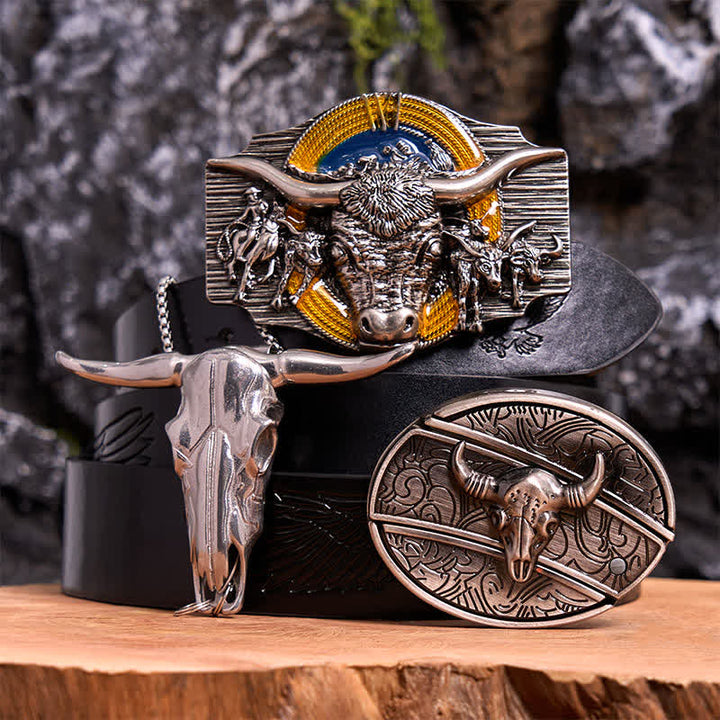 Conjunto de colgante y hebilla de cinturón con cuchillo oculto, diseño de toro Longhorn