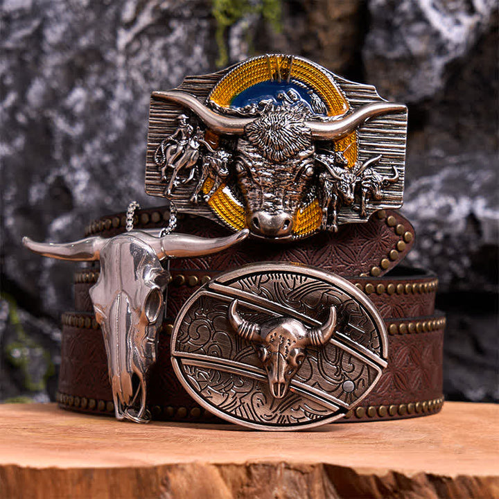 Conjunto de colgante y hebilla de cinturón con cuchillo oculto, diseño de toro Longhorn